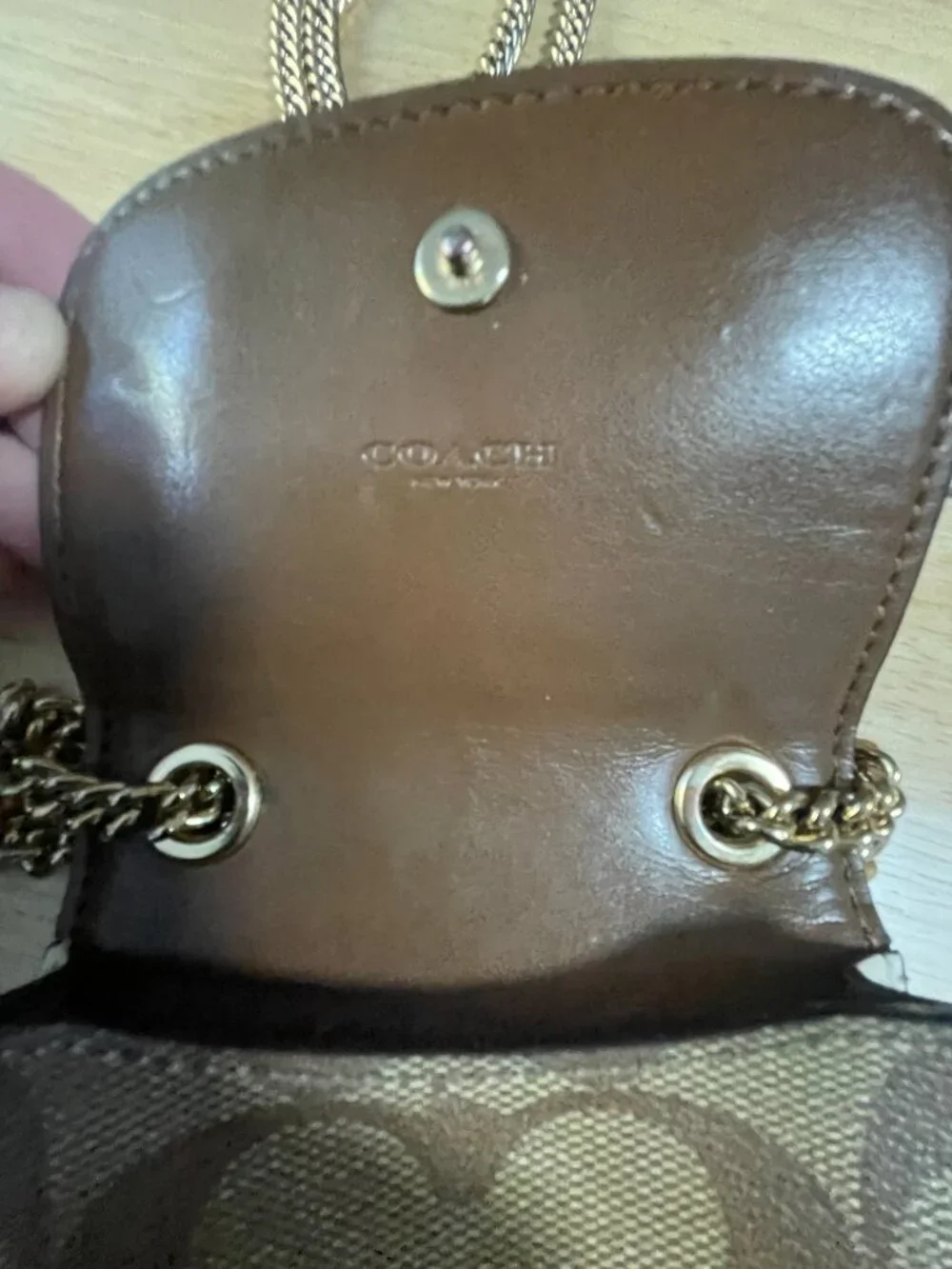 Coach Signature Phone Crossbody Wallet Chain Strap Brown Khaki PVC - Picture 2 of 14